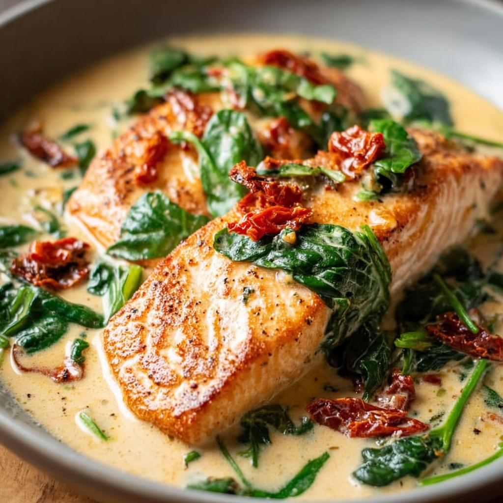 Close-up of pan-seared Creamy Tuscan Salmon fillets topped with spinach and sun-dried tomatoes in a rich sauce.