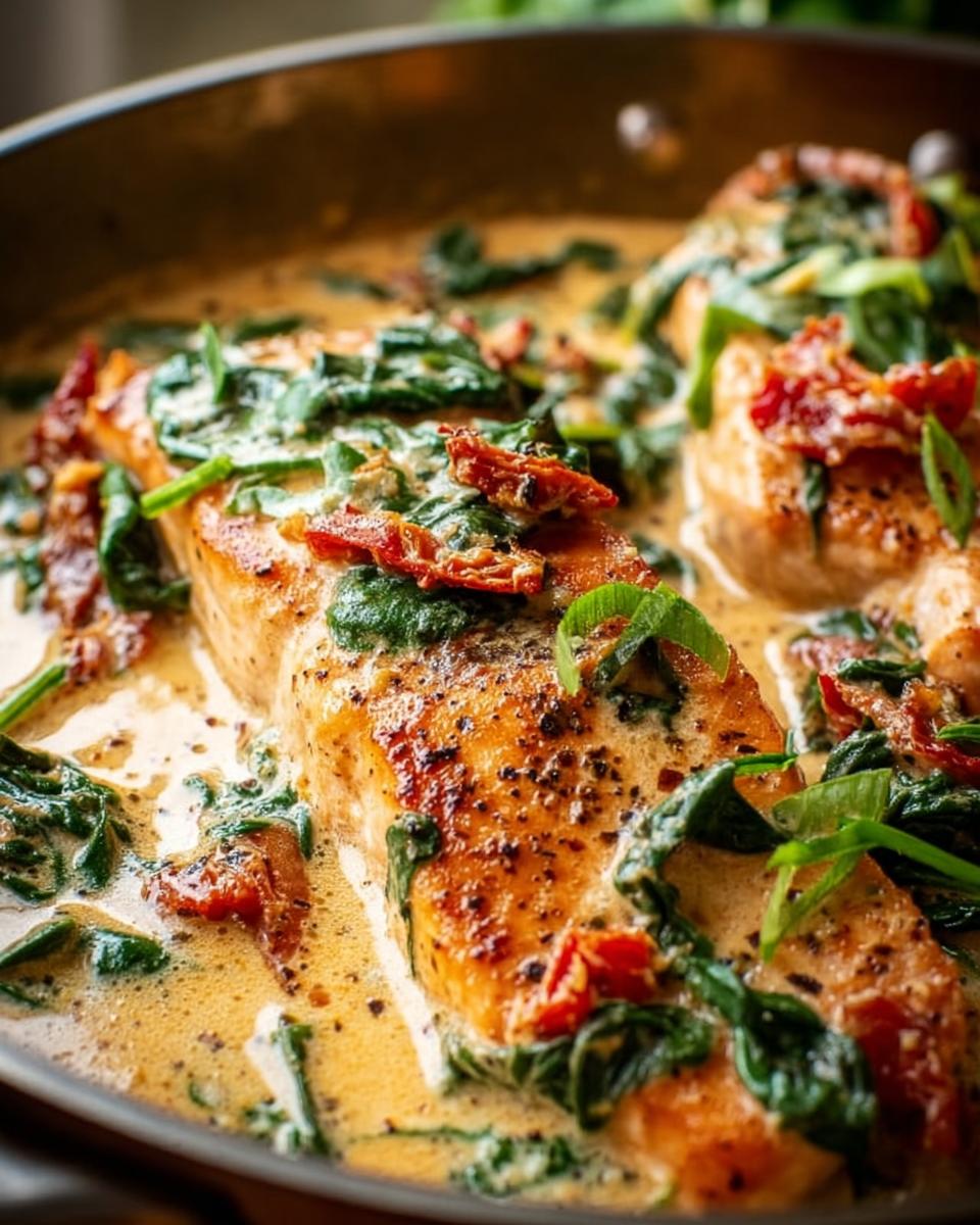 Close-up of pan-seared Creamy Tuscan Salmon fillets covered in a rich cream sauce with spinach and sun-dried tomatoes.