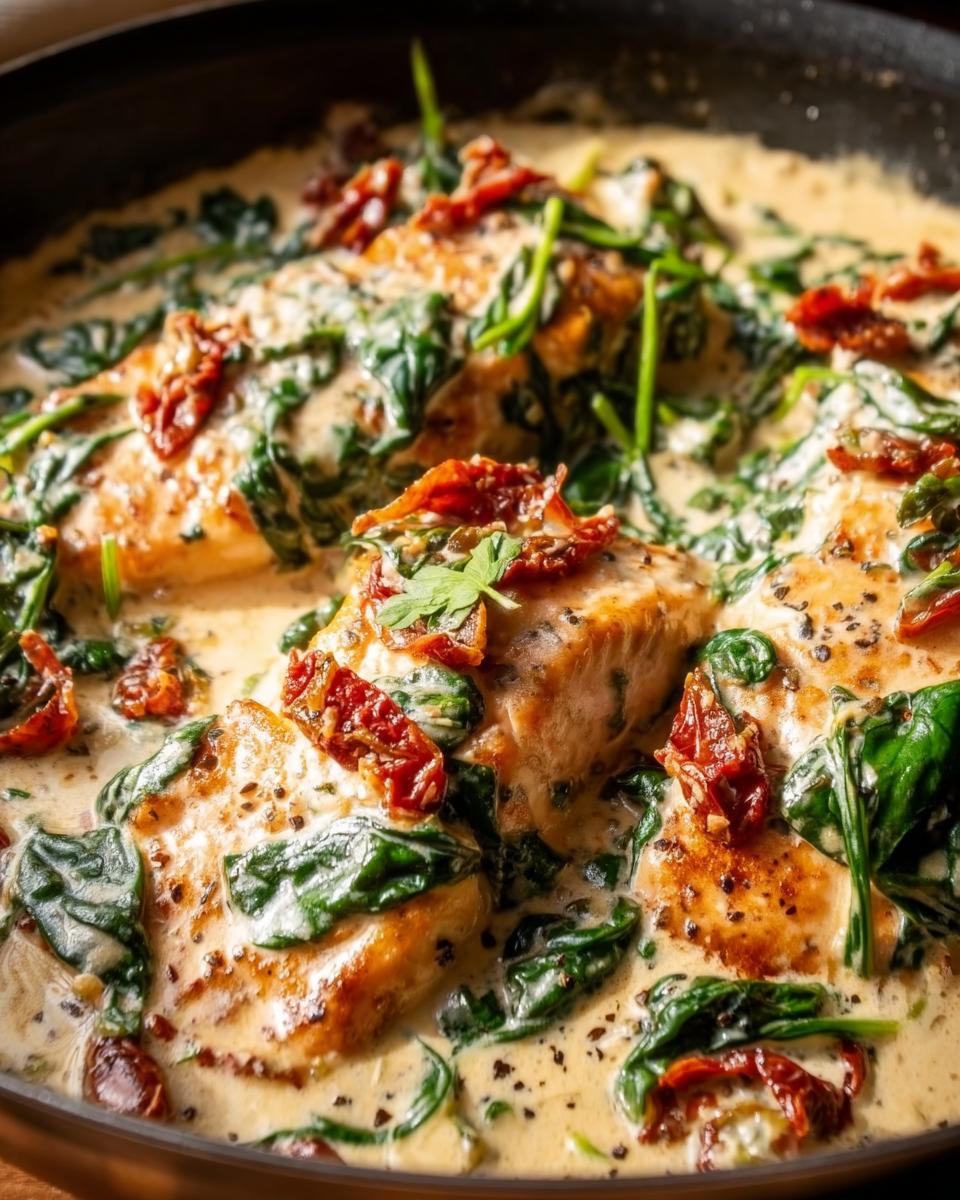 Close-up of seared salmon fillets swimming in a rich, creamy sauce with spinach and sun-dried tomatoes: Creamy Tuscan Salmon.