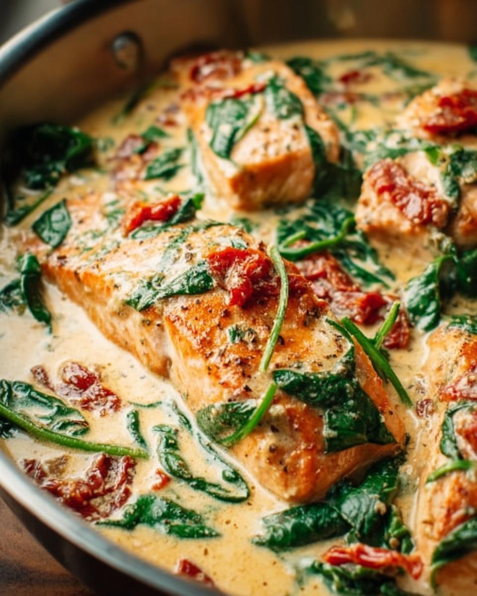 Close-up of pan-seared salmon fillets submerged in a rich, creamy sauce with spinach and sun-dried tomatoes, featuring Creamy Tuscan Salmon.