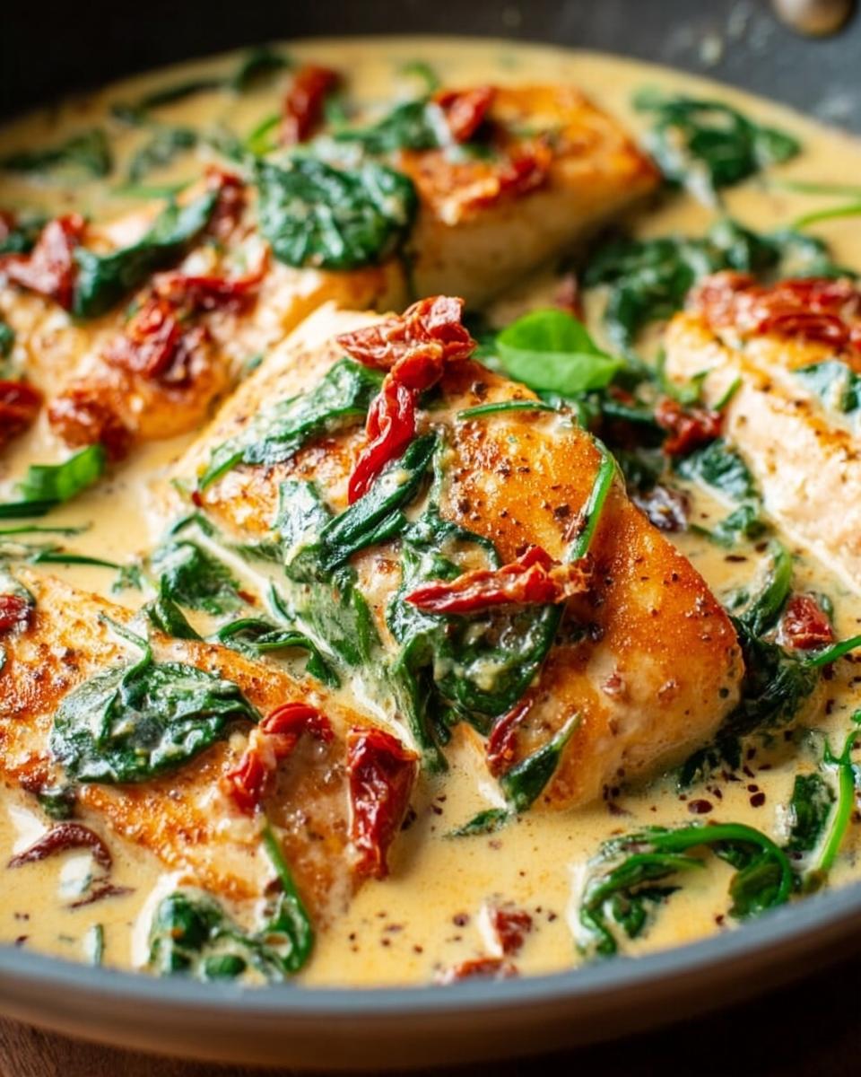 Close-up of pan-seared Creamy Tuscan Salmon fillets covered in a rich cream sauce, spinach, and sun-dried tomatoes.