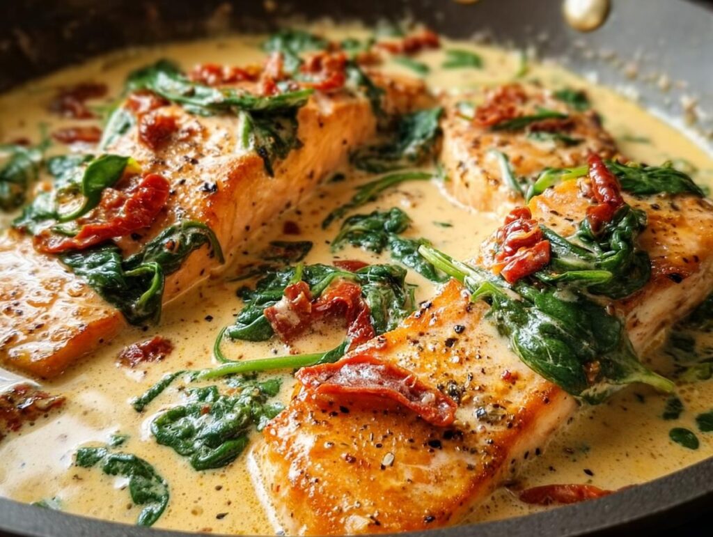 Close-up of perfectly cooked Creamy Tuscan Salmon fillets simmering in a rich, creamy sauce with spinach and sun-dried tomatoes.