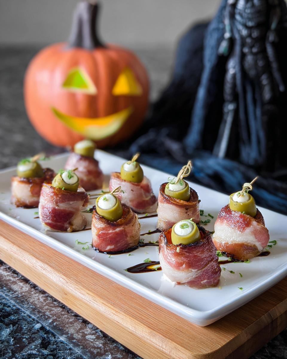 Creepy Salami Eyeballs made with bacon-wrapped salami and stuffed olives, presented on a platter with a spooky Halloween theme.