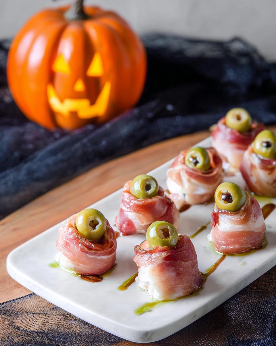 Creepy Salami "Eyeballs" appetizer made with prosciutto, cheese, and olives, with a carved pumpkin in the background.