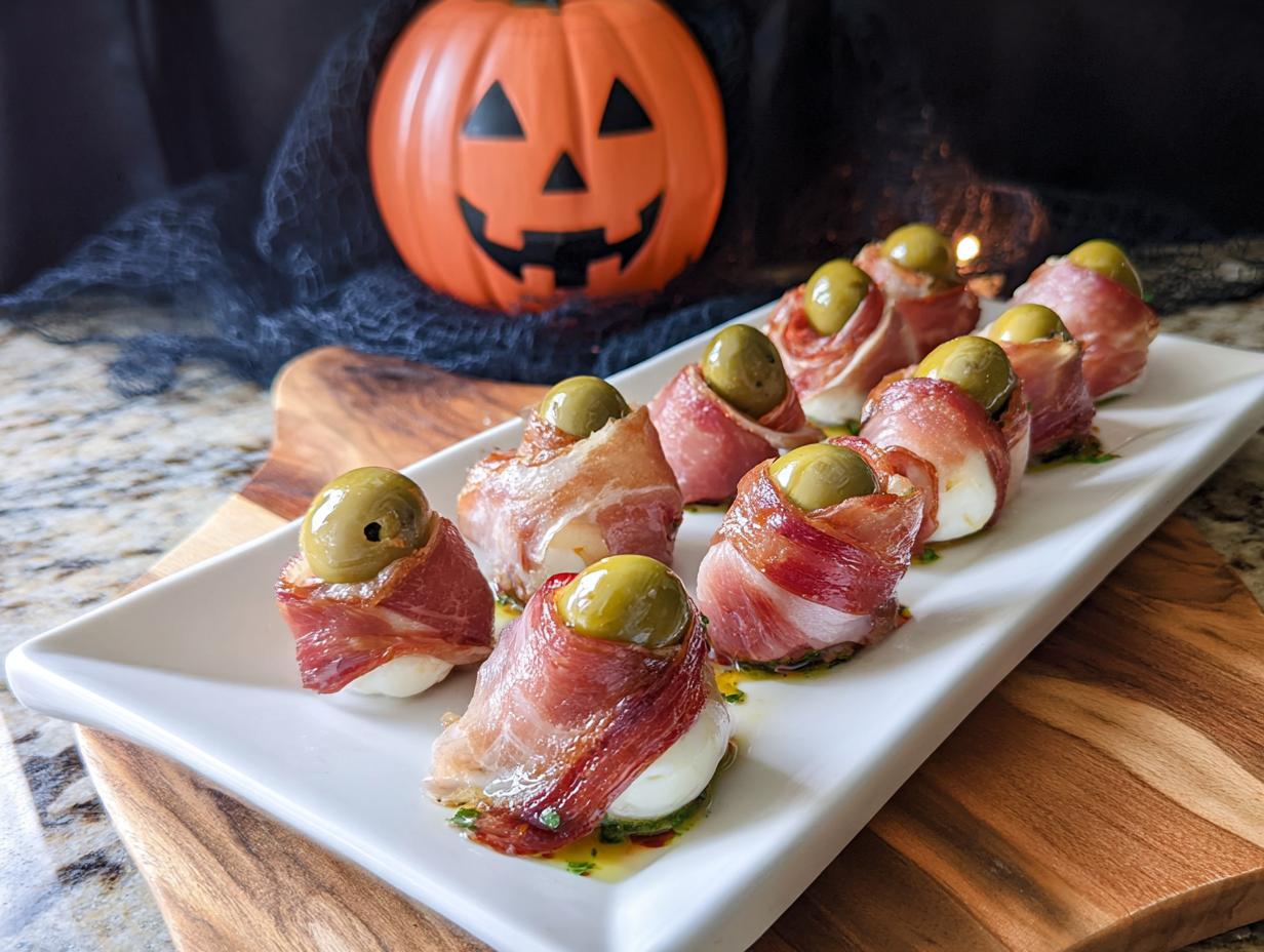 A platter of Creepy Salami "Eyeballs" appetizer, made with olives, mozzarella, and prosciutto, with a Halloween pumpkin in the background.