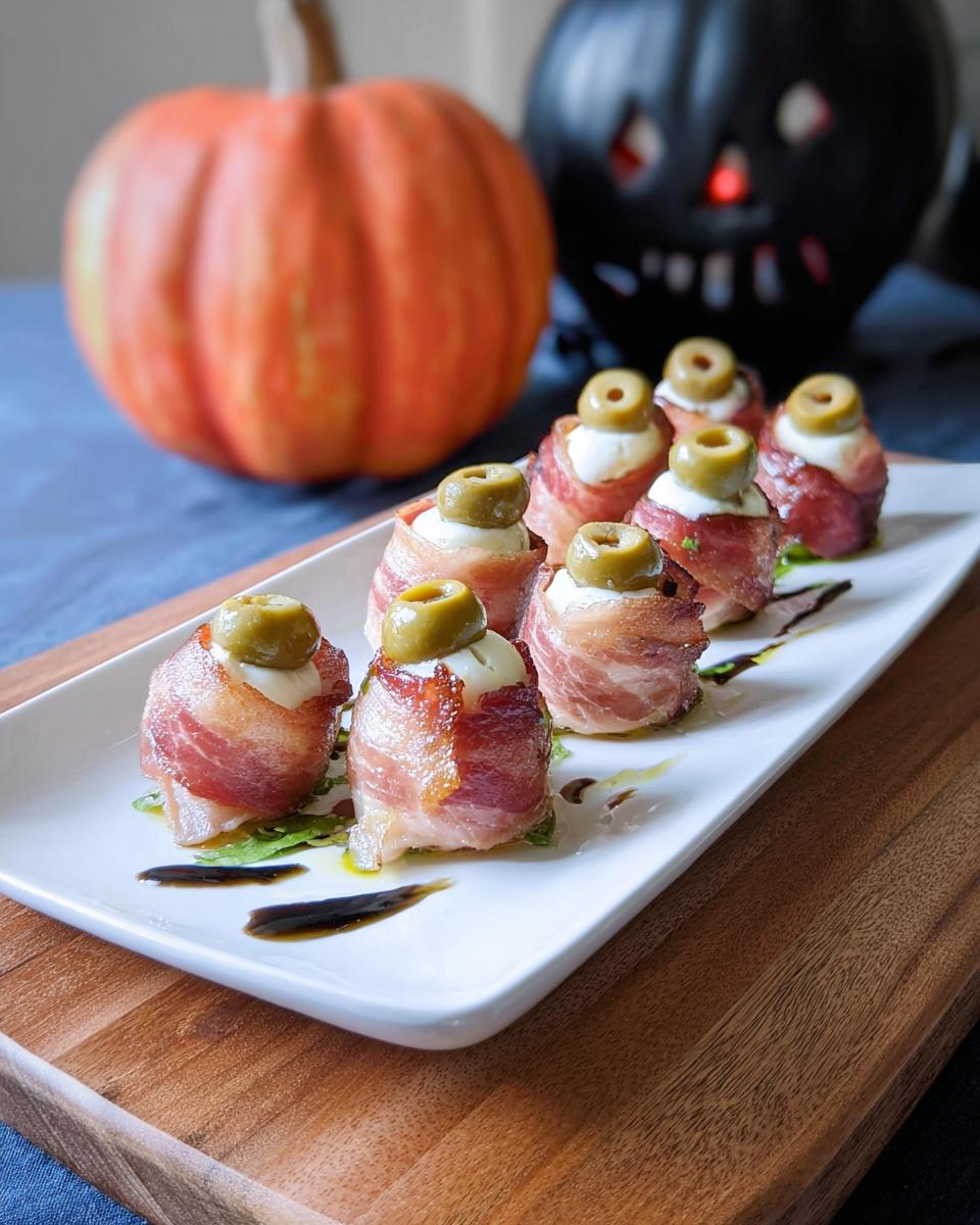 Close-up of Creepy Skewered Salami "Eyeballs" appetizer with olives and bacon, decorated for Halloween.