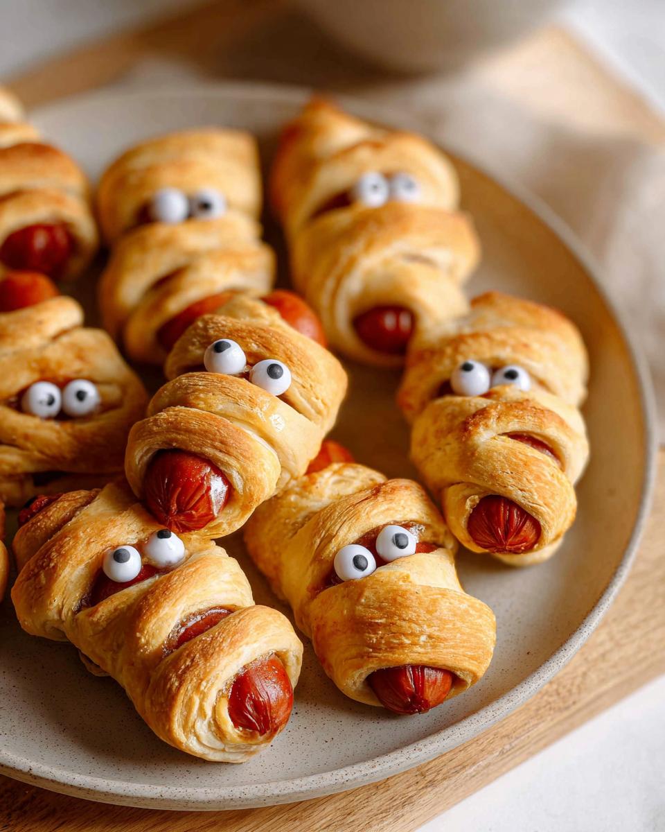 Close-up of spooky Crescent-Wrapped Mummy Pigs with Everything Seasoning, featuring hot dogs wrapped in pastry with candy eyes.