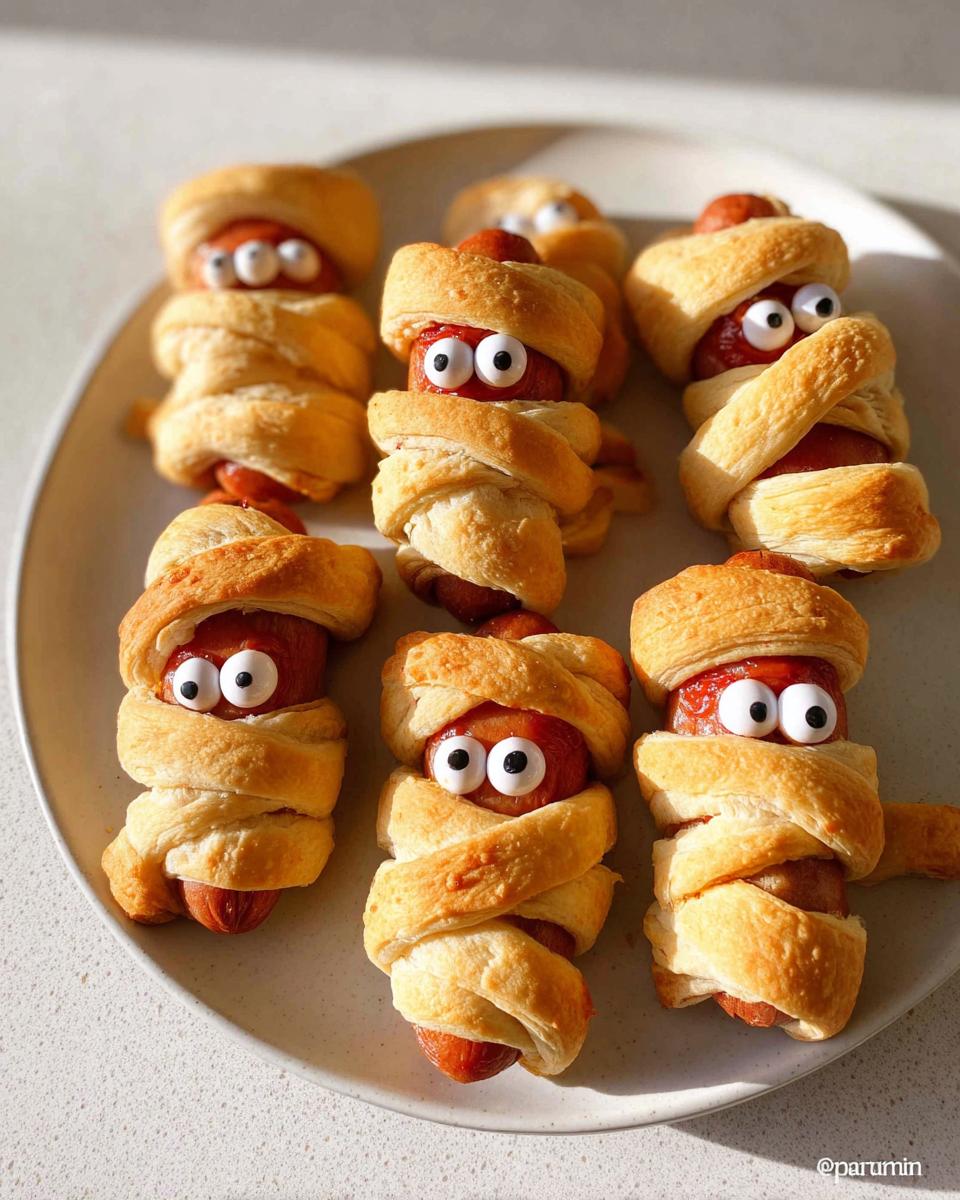 Close-up of spooky Crescent-Wrapped "Mummy Pigs" with Everything Seasoning, featuring hot dogs wrapped in pastry and decorated with candy eyes.