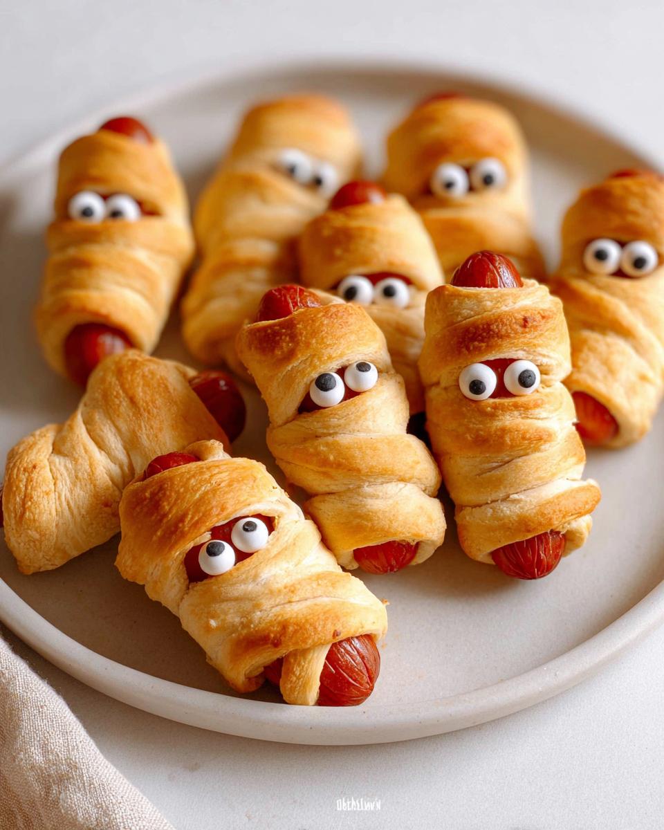 A plate of spooky Crescent-Wrapped Mummy Pigs with Everything Seasoning, decorated with candy eyes.