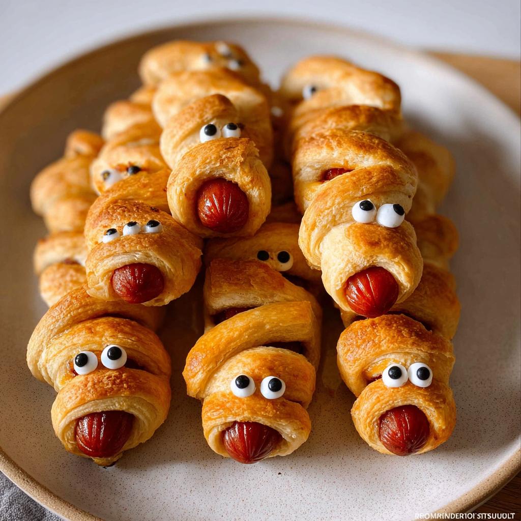 A pile of spooky Crescent-Wrapped Mummy Pigs with Everything Seasoning, featuring hot dogs wrapped in pastry and decorated with candy eyes.