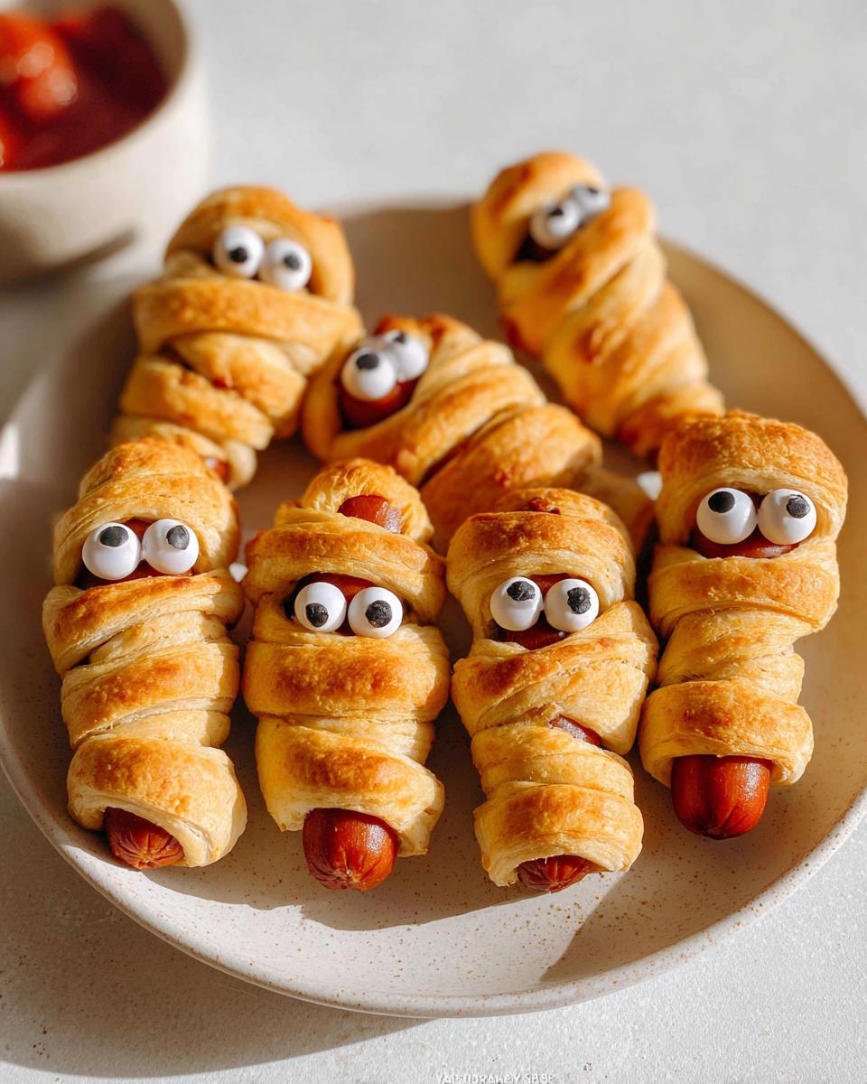 A plate of spooky Crescent-Wrapped "Mummy Pigs" with Everything Seasoning, decorated with candy eyeballs.