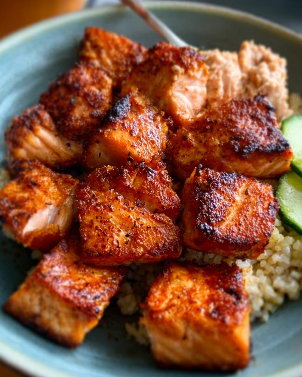 Close-up of crispy Air Fryer Salmon bites served over quinoa with cucumber slices.