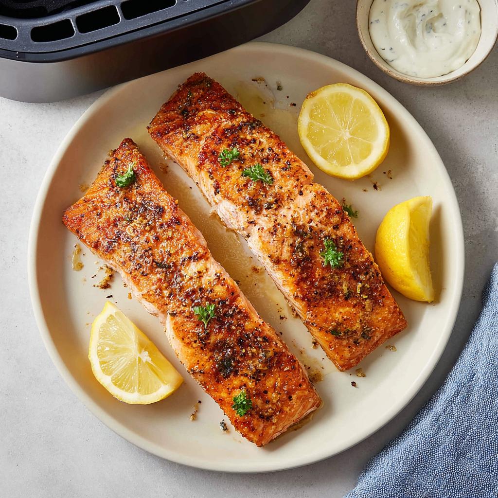 Two perfectly cooked Crispy Air Fryer Salmon fillets seasoned with herbs and spices, served with lemon wedges and a side of sauce.