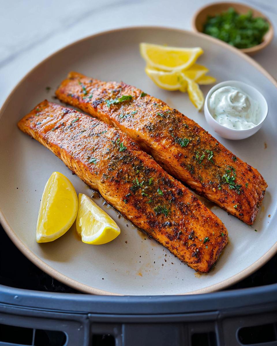 Two perfectly cooked Crispy Air Fryer Salmon fillets seasoned and garnished with herbs, served with lemon wedges and a small bowl of sauce.