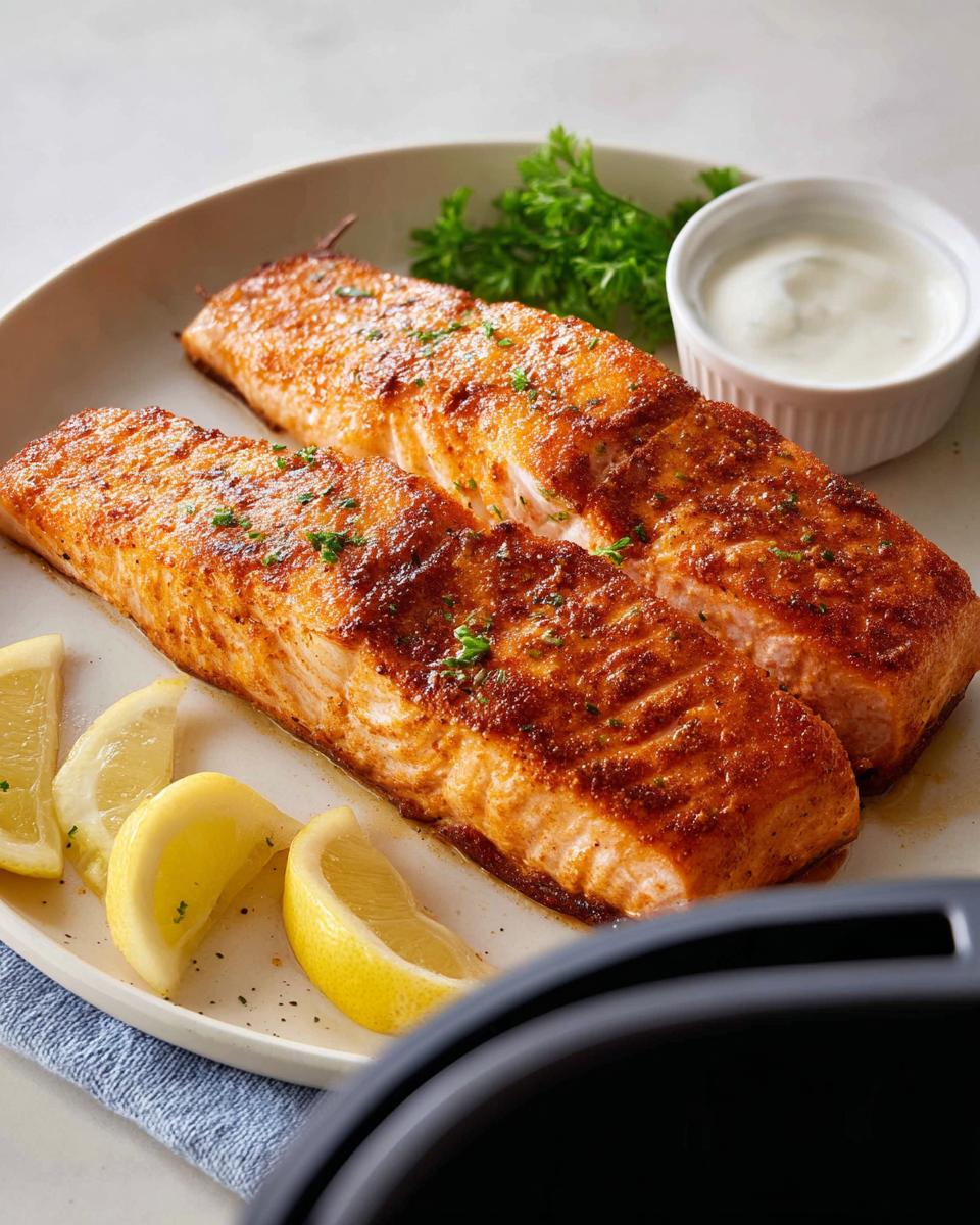 Two perfectly cooked crispy air fryer salmon fillets served with lemon wedges, parsley, and a small dish of dipping sauce.
