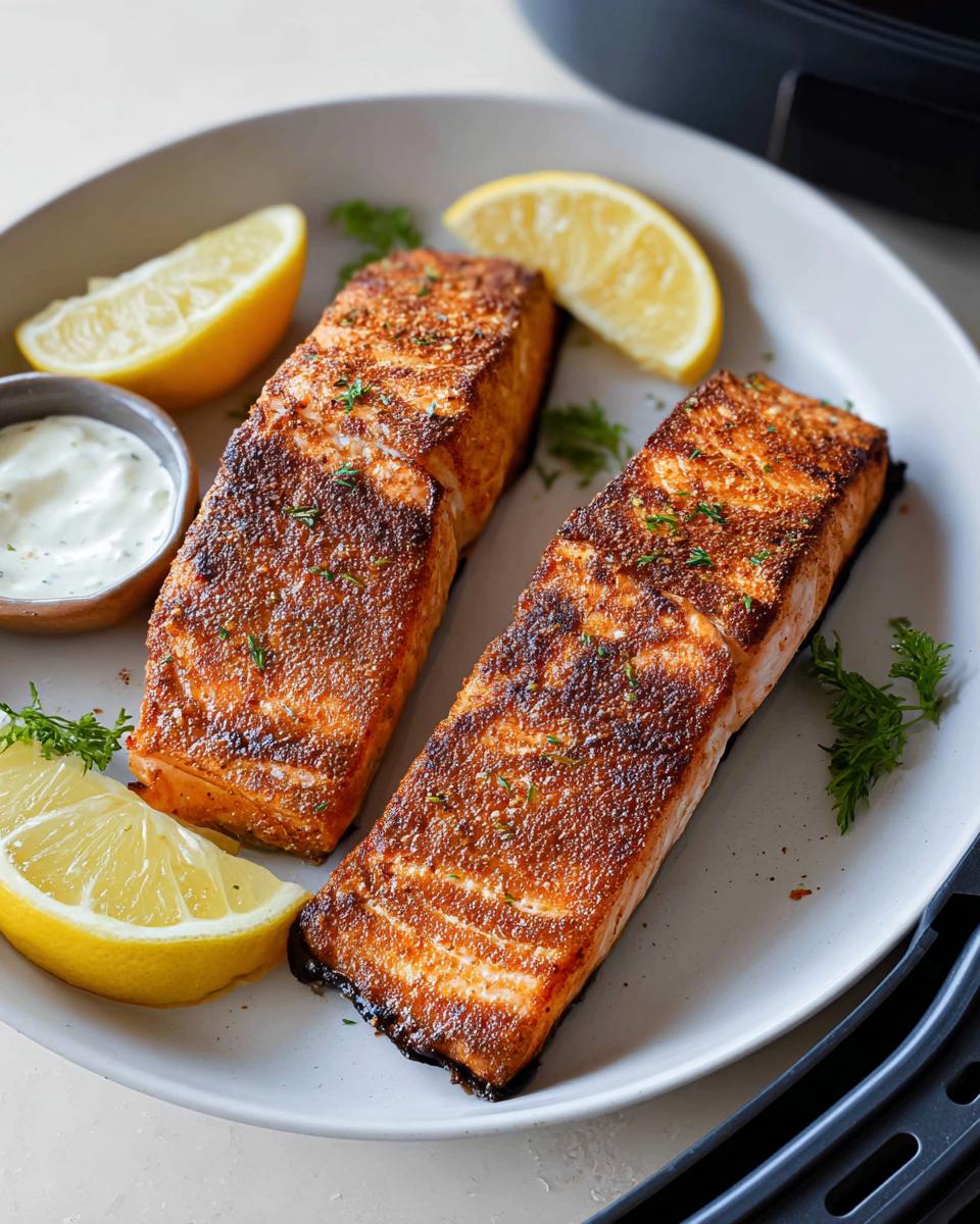 Two perfectly cooked Crispy Air Fryer Salmon fillets seasoned and served with lemon wedges and a side of sauce.