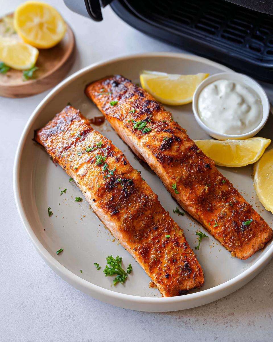Two fillets of crispy air fryer salmon served with lemon wedges and a small bowl of dipping sauce.