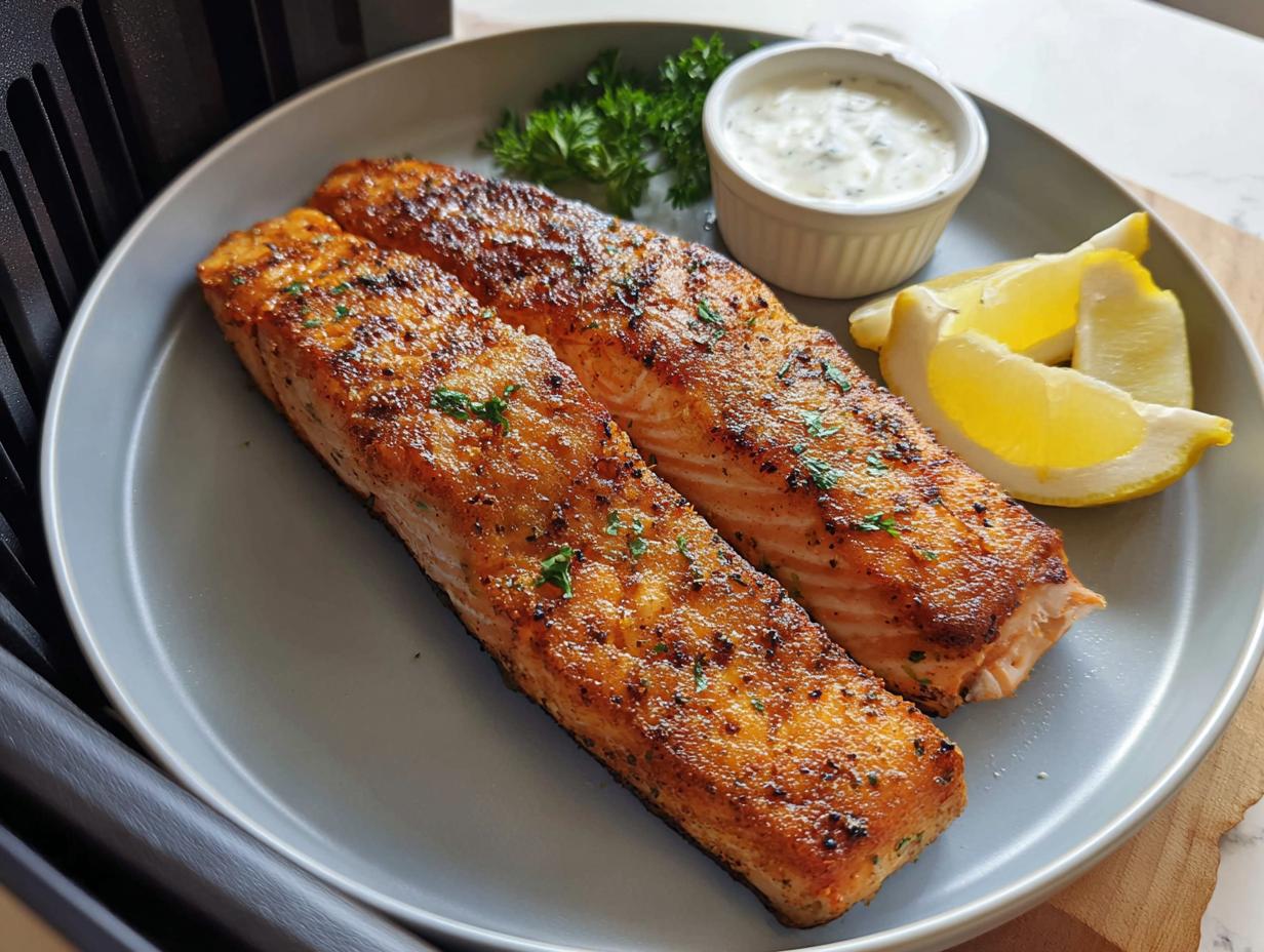 Two perfectly cooked Crispy Air Fryer Salmon fillets served with lemon wedges and a creamy dipping sauce.
