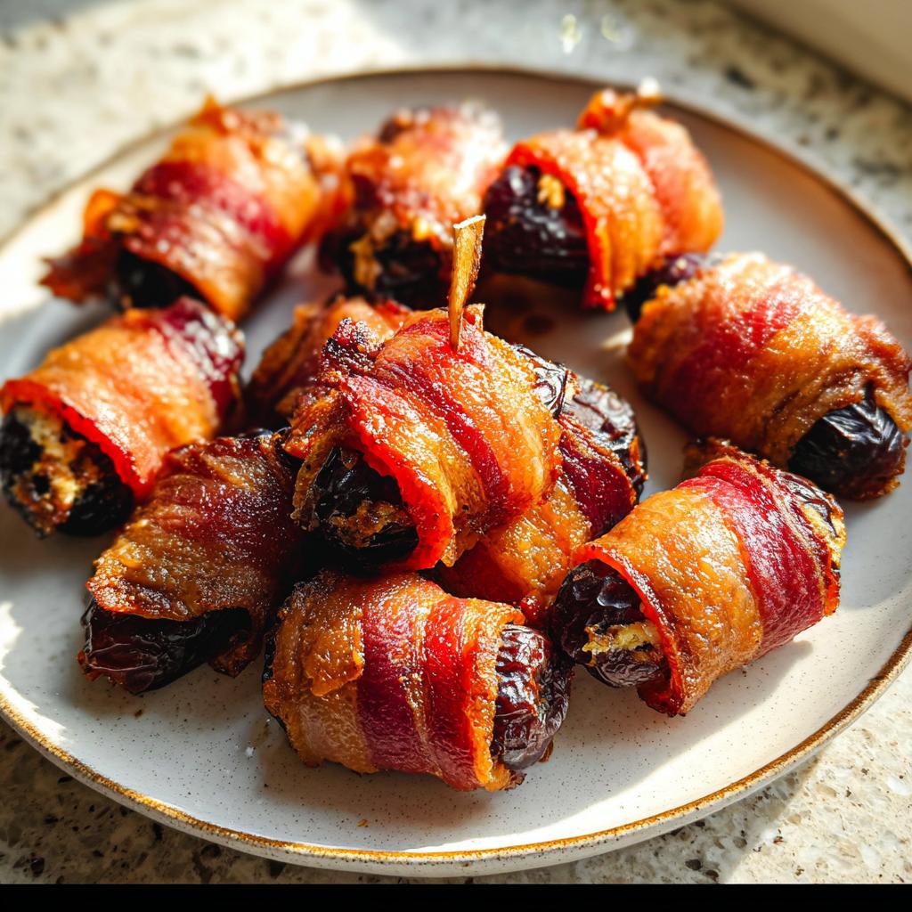 A plate piled high with crispy, golden-brown Bacon-Wrapped Dates, some held together with toothpicks.