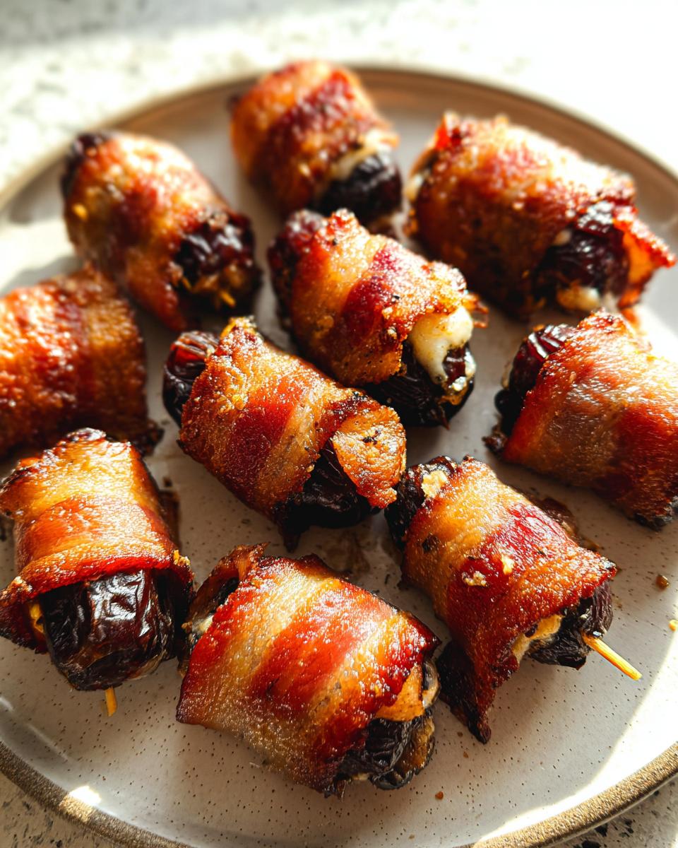 A plate of freshly cooked, crispy Bacon-Wrapped Dates, some held together with toothpicks.