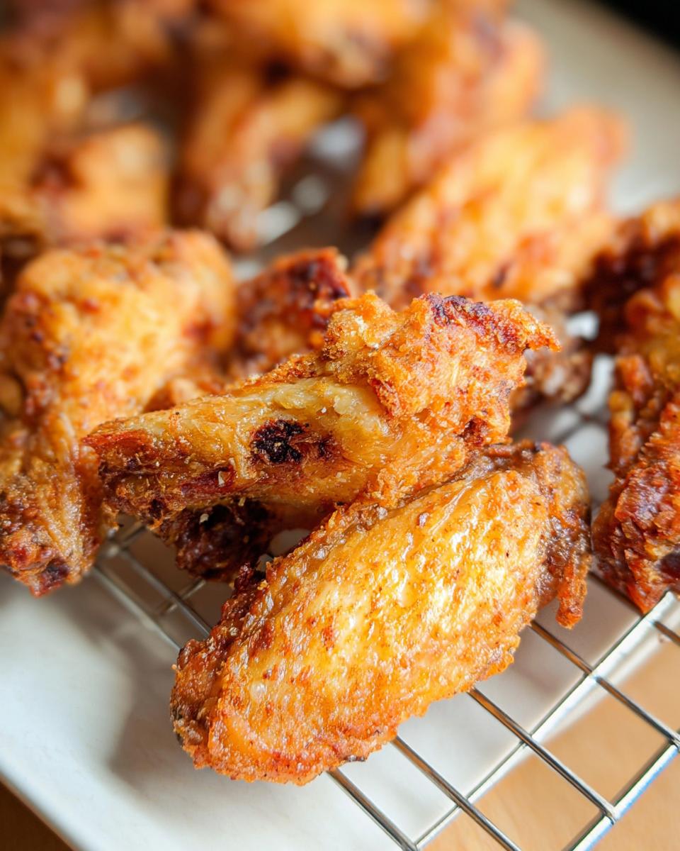 Close-up of golden brown, perfectly cooked Crispy Baked Chicken Wings resting on a metal cooling rack.
