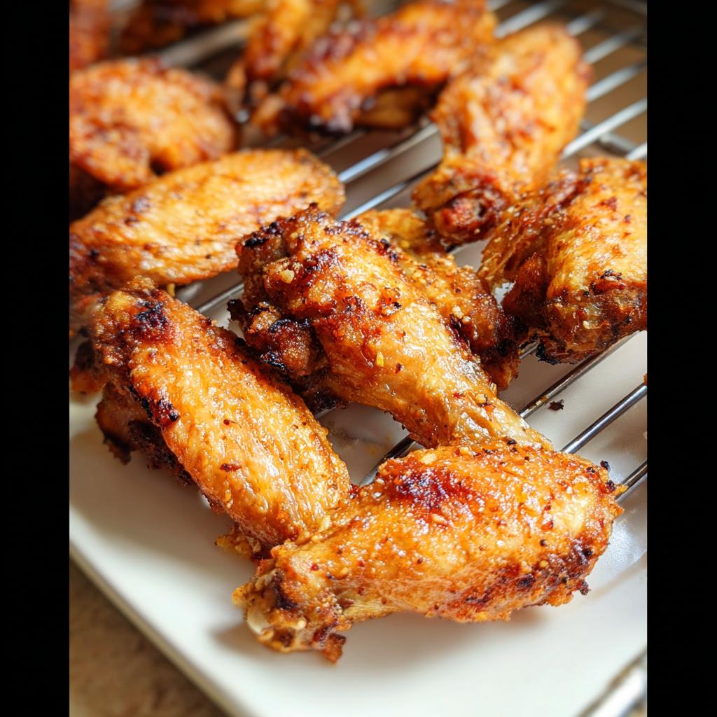 Close-up of golden brown, seasoned Crispy Baked Chicken Wings resting on a wire rack over a white plate.