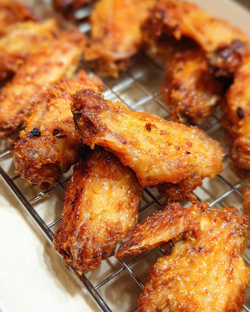 Close-up of golden brown, perfectly cooked Crispy Baked Chicken Wings resting on a wire cooling rack.