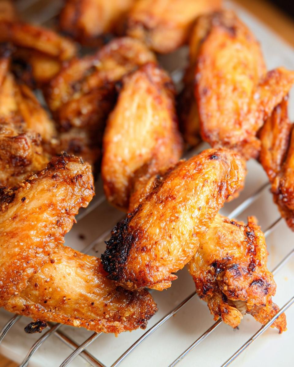 Close-up of golden brown, perfectly cooked Crispy Baked Chicken Wings resting on a wire cooling rack.