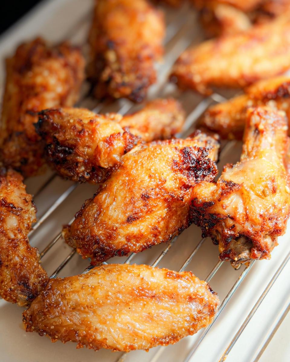 Close-up of golden brown, crispy baked chicken wings resting on a wire rack after cooking.