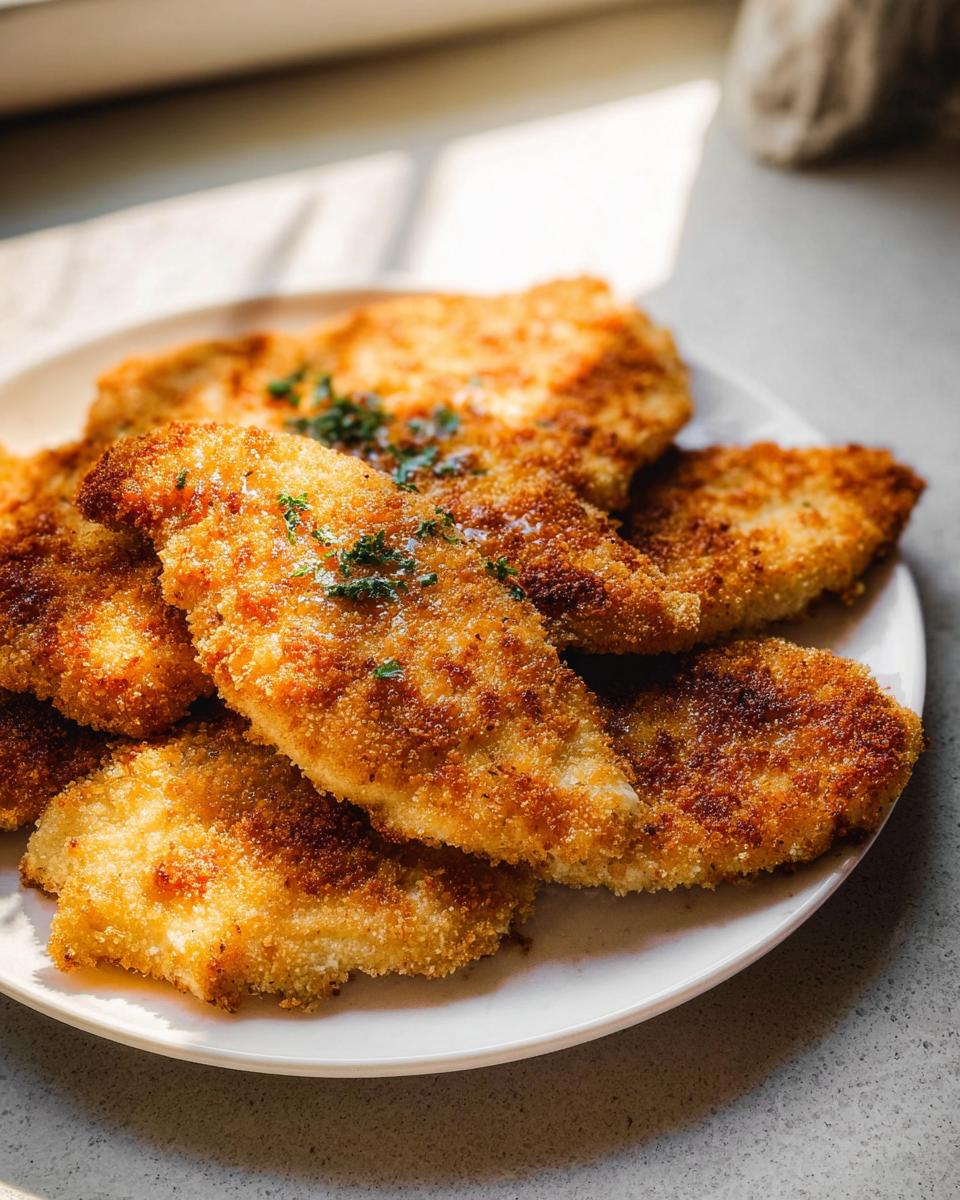 A plate piled high with golden-brown Crispy Baked Parmesan Chicken, garnished with parsley.