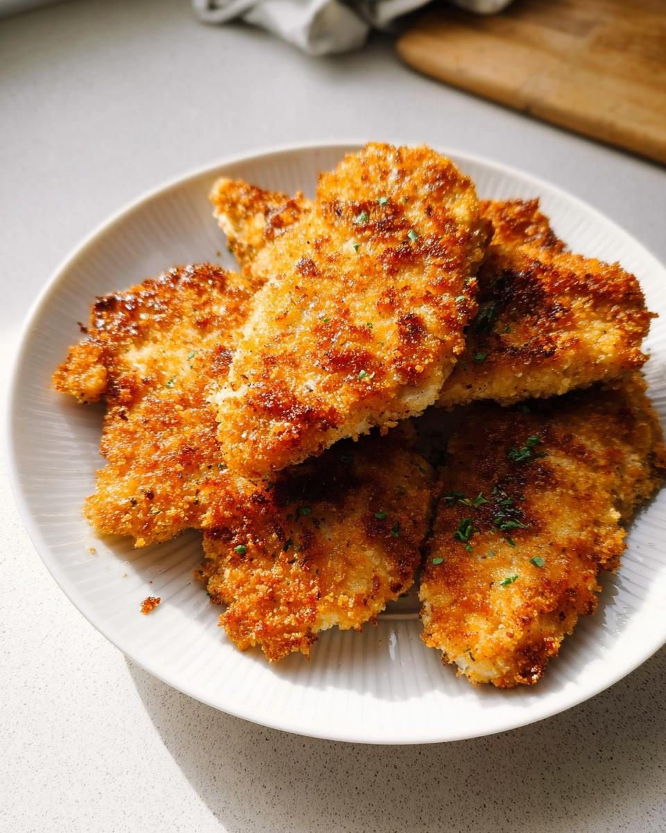 A plate piled high with golden brown Crispy Baked Parmesan Chicken pieces, sprinkled with fresh herbs.