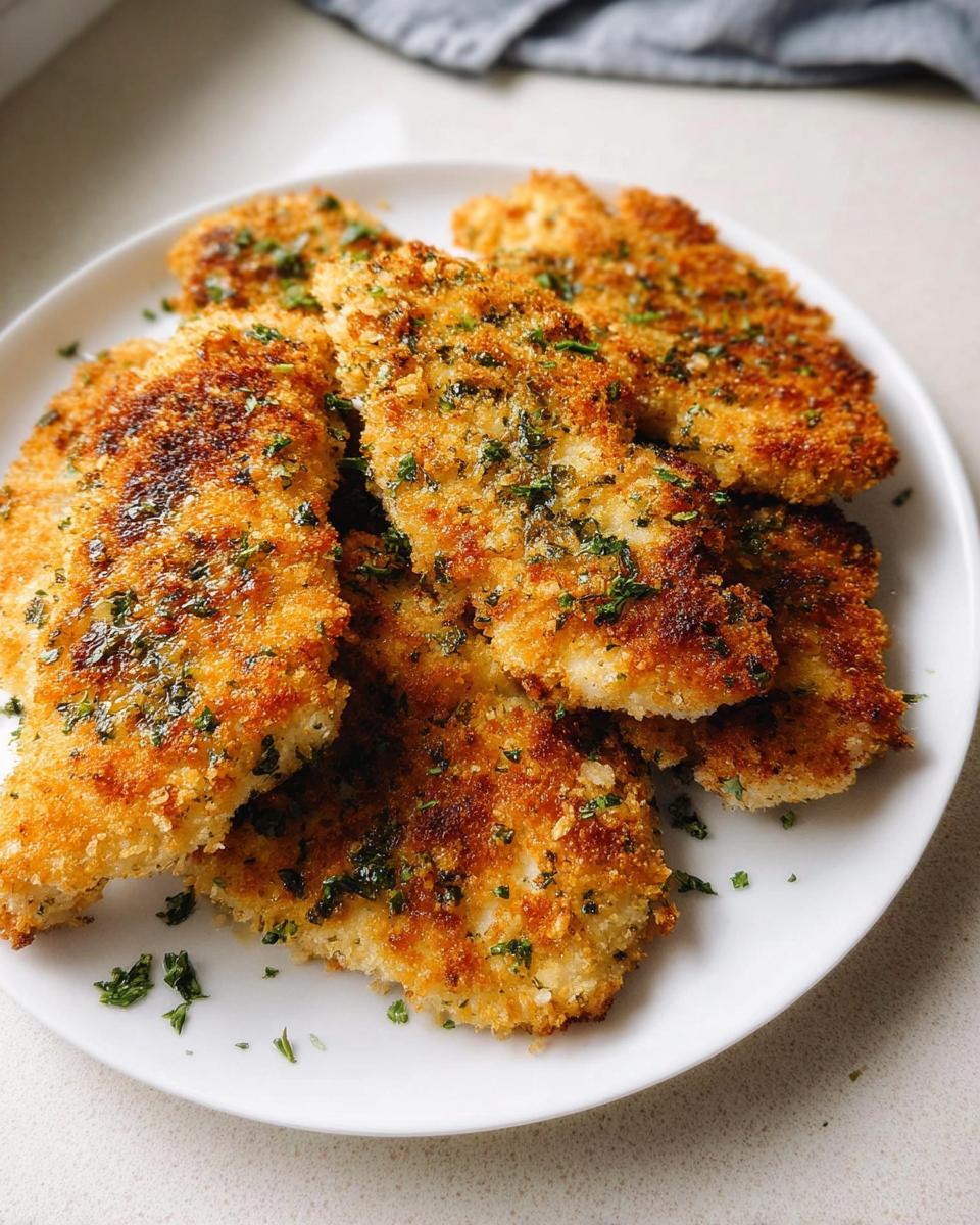 A plate piled high with golden-brown Crispy Baked Parmesan Chicken, sprinkled with fresh parsley.