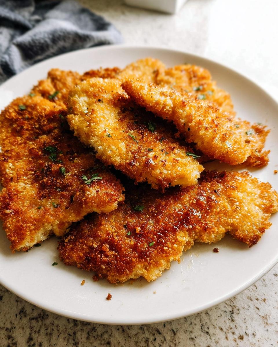 A close-up of golden-brown Crispy Baked Parmesan Chicken pieces piled on a white plate, sprinkled with parsley.
