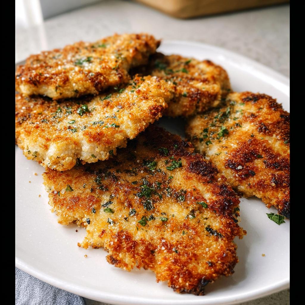 A close-up of several pieces of Crispy Baked Parmesan Chicken, golden brown and sprinkled with parsley, on a white platter.