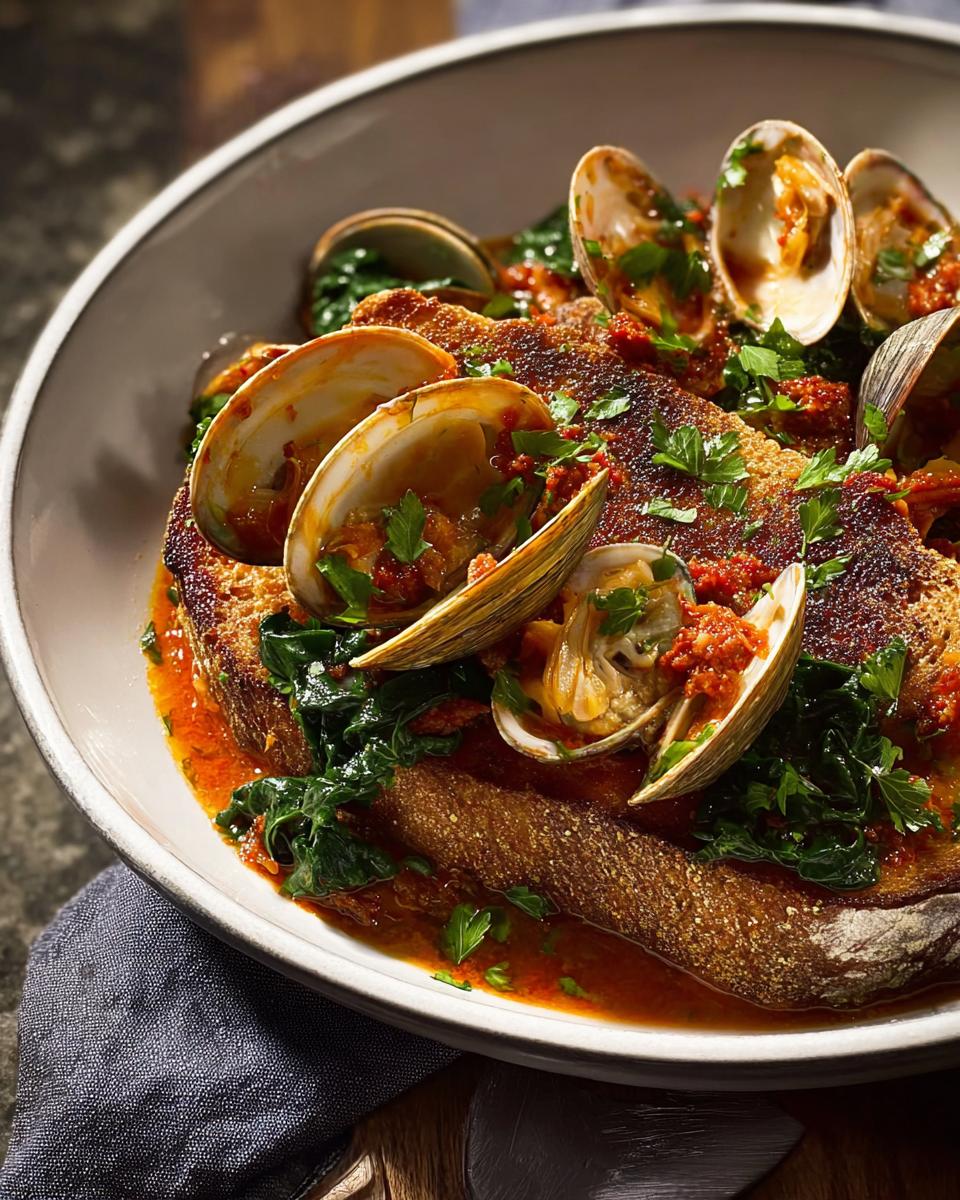 A close-up of crispy bread topped with juicy clams, greens, and a rich tomato sauce, perfect for Best Dinner Ideas 2025.