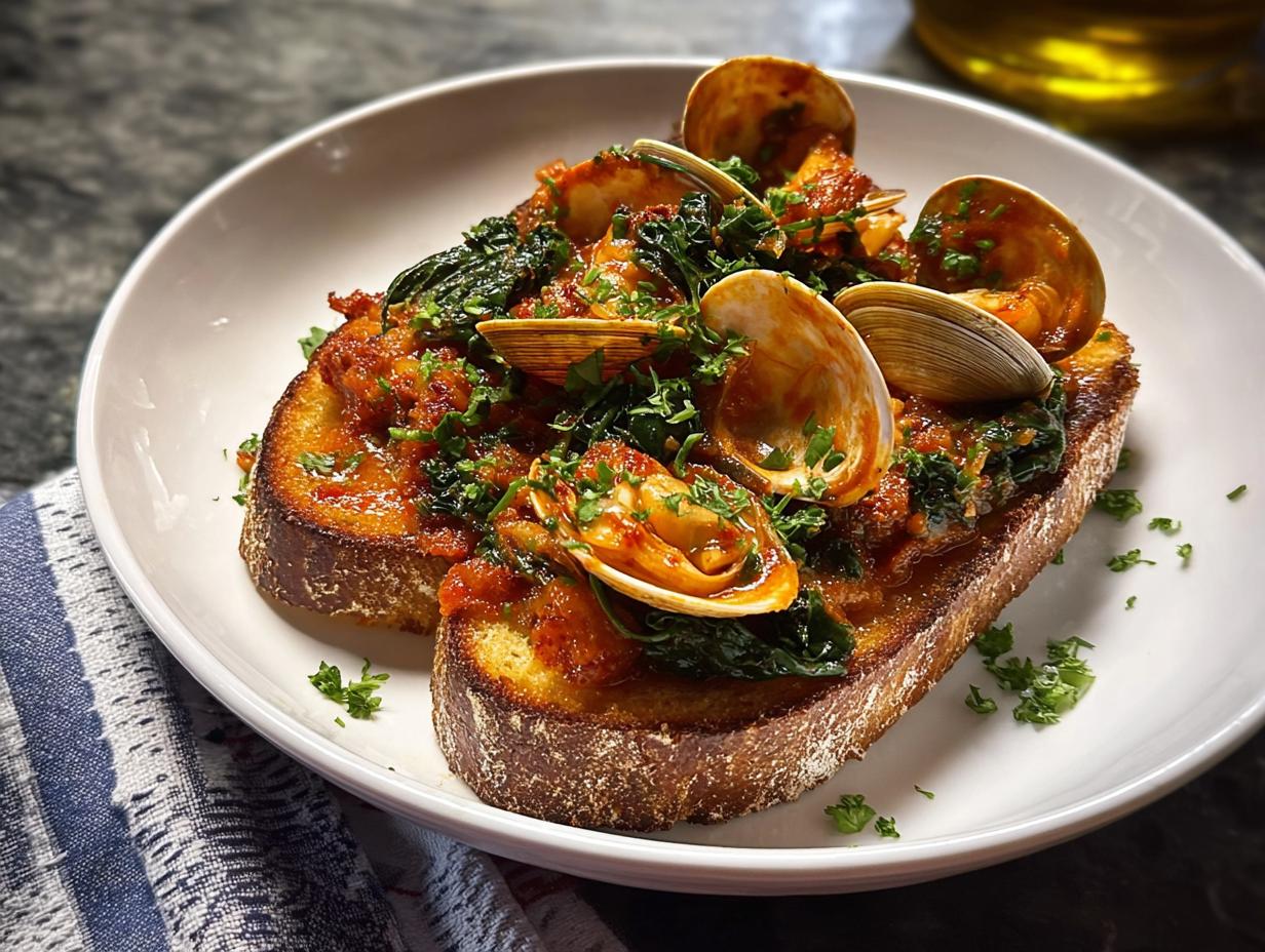 Close-up of crispy toasted bread topped with juicy clams, greens, and tomato sauce, a perfect dinner idea.
