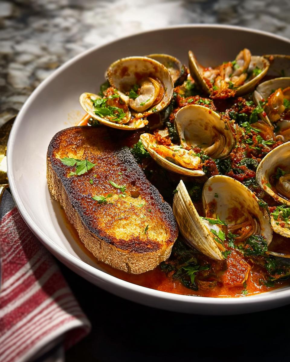 A slice of crispy, golden-brown bread sits in a bowl of juicy clams in a rich tomato sauce, part of the best dinner ideas 2025.