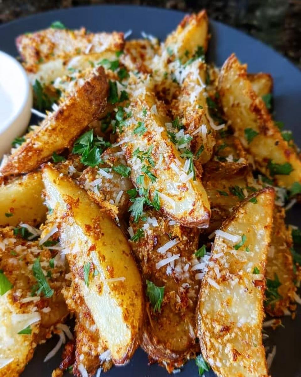 Close-up of crispy, golden Garlic Parmesan Potato Wedges topped with grated cheese and fresh parsley.