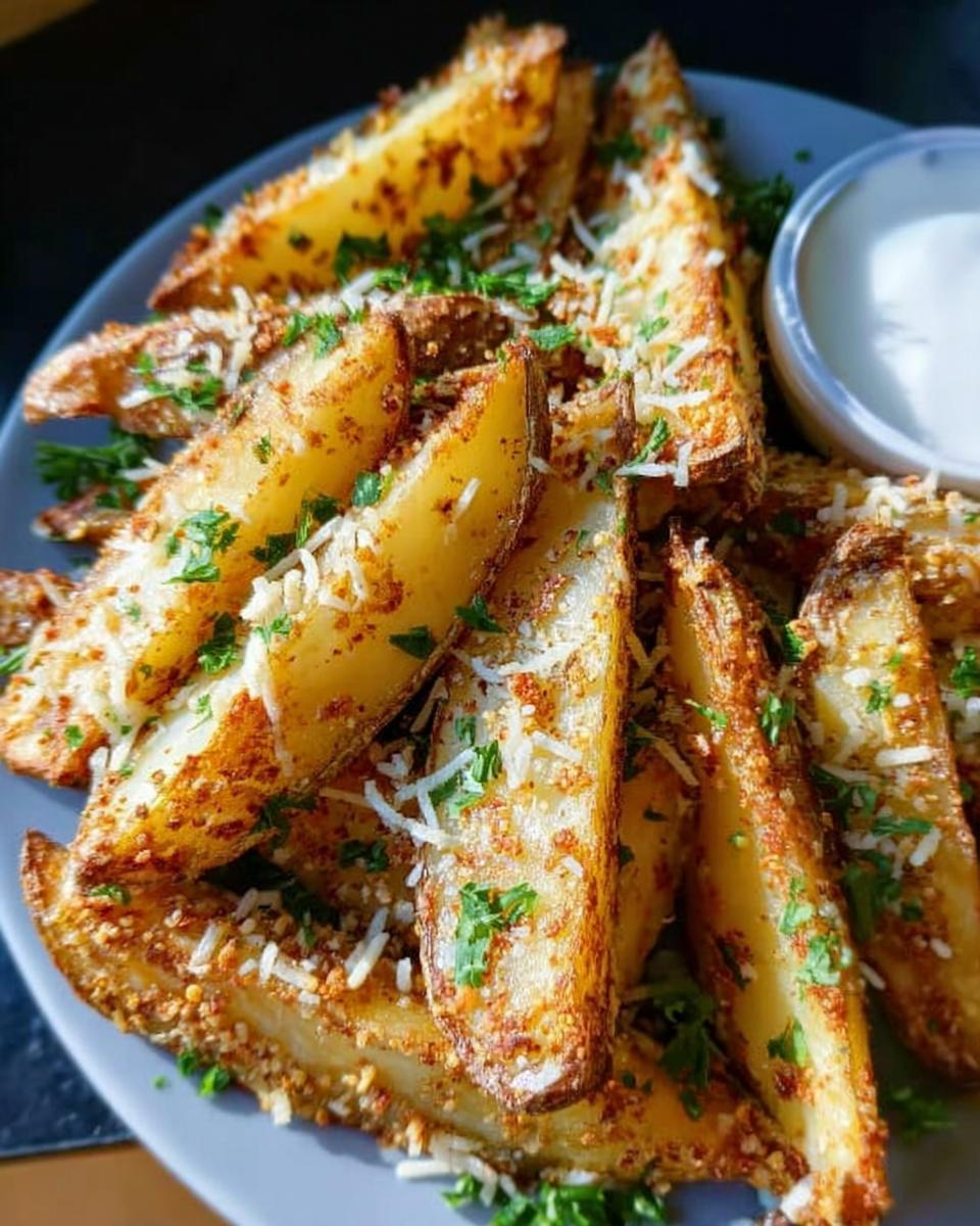 A plate piled high with crispy, golden Garlic Parmesan Potato Wedges, sprinkled with cheese and parsley, next to a small bowl of dipping sauce.
