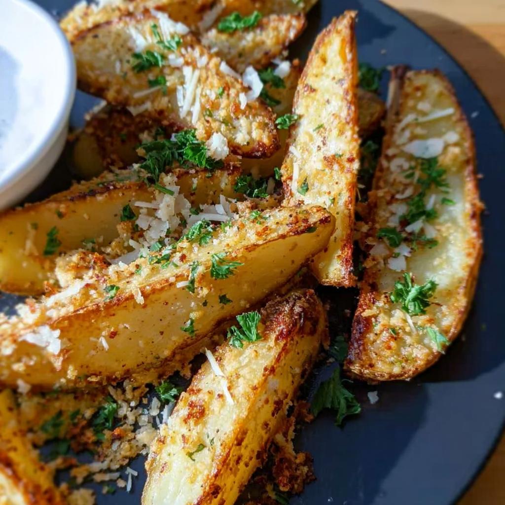 Close-up of crispy, golden Garlic Parmesan Potato Wedges topped with grated cheese and fresh parsley.