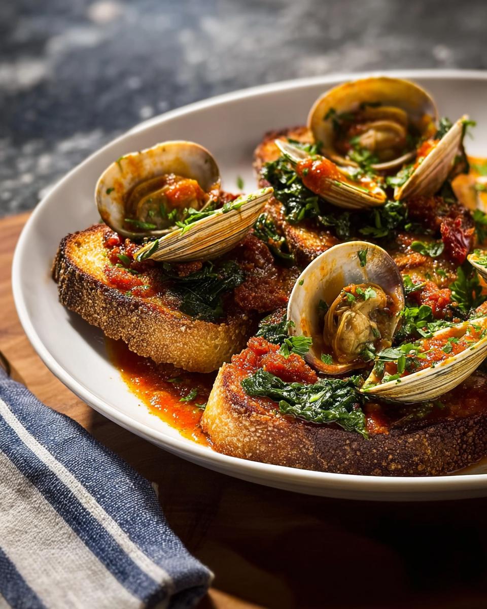 Crispy toasted bread topped with juicy clams, tomato sauce, and greens, a perfect dinner idea.