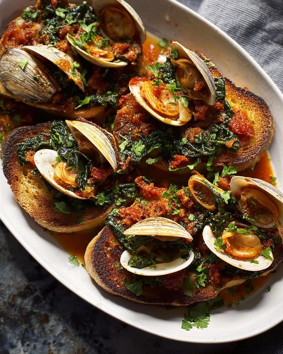 Close-up of a delicious dinner idea: crispy toast topped with juicy clams and greens.