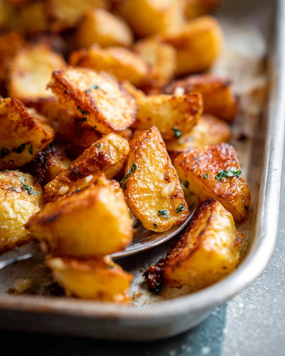 Close-up of golden brown, perfectly Crispy Roasted Potatoes seasoned with herbs in a metal baking pan.