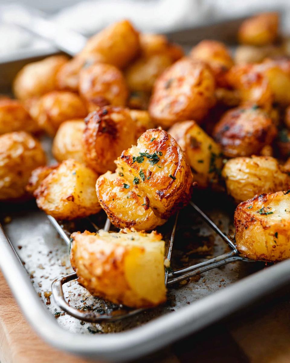 Close-up of golden brown, fluffy Crispy Roasted Potatoes sprinkled with herbs on a metal rack.