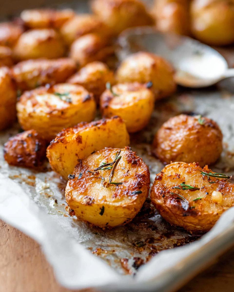 Close-up of golden brown, Crispy Roasted Potatoes seasoned with rosemary on a baking sheet.