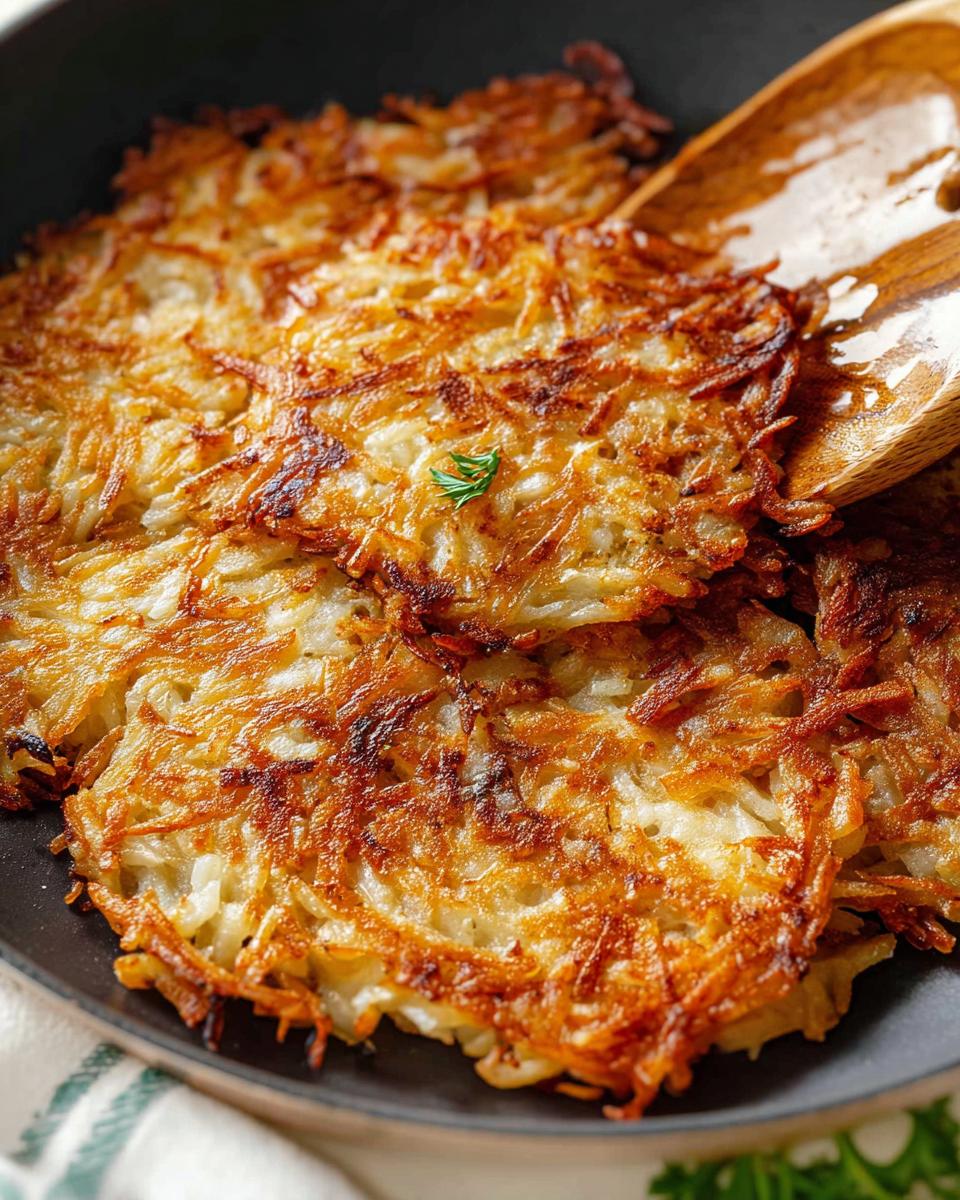 Close-up of golden brown and crispy skillet Hash Browns being lifted slightly by a wooden spatula.