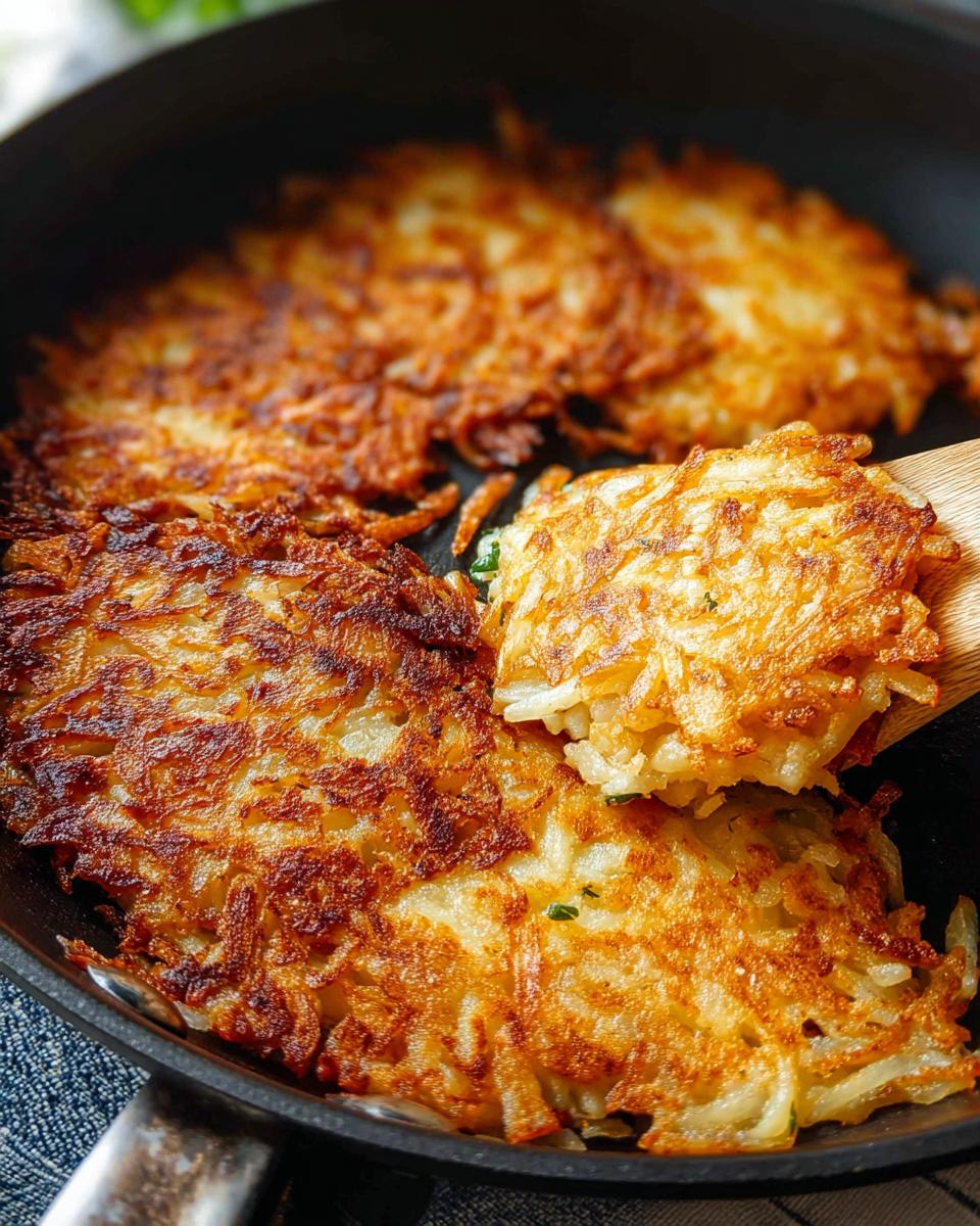 Close-up of golden brown, crispy skillet Hash Browns being lifted from a black frying pan with a wooden spatula.