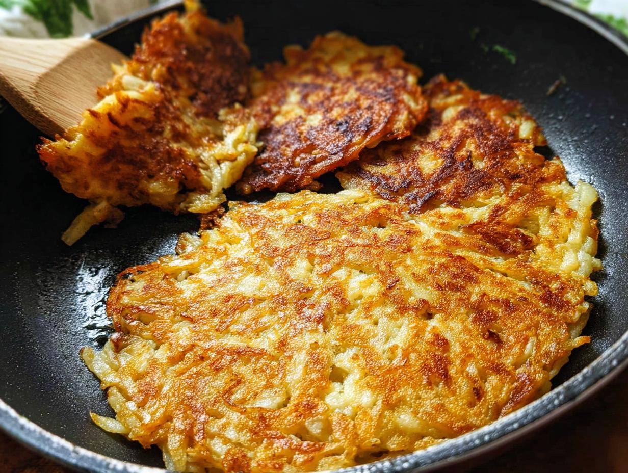 Close-up of golden brown, crispy skillet Hash Browns frying in a black pan with a wooden spatula nearby.
