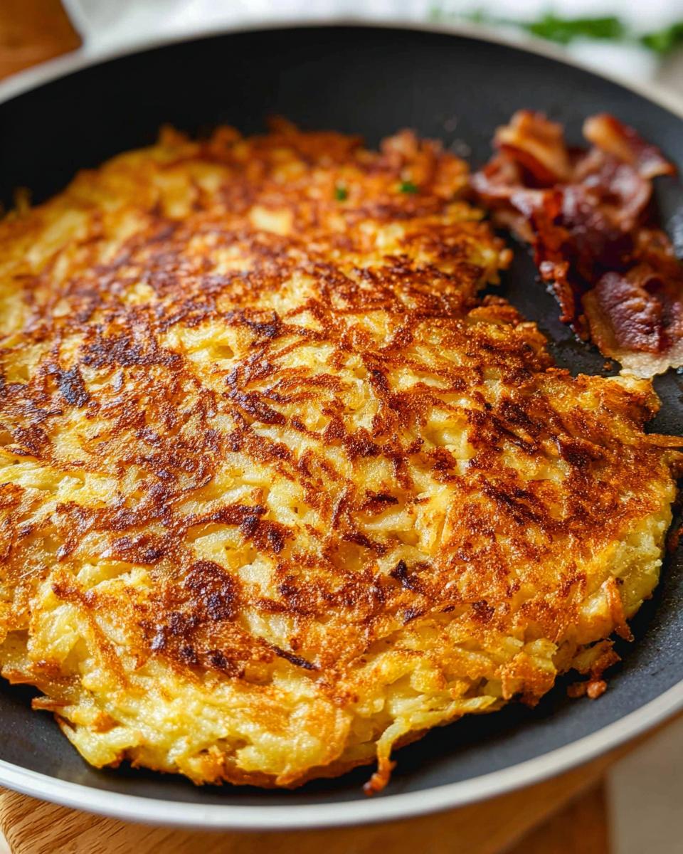Close-up of golden brown, crispy skillet Hash Browns cooking in a dark non-stick pan alongside bacon pieces.