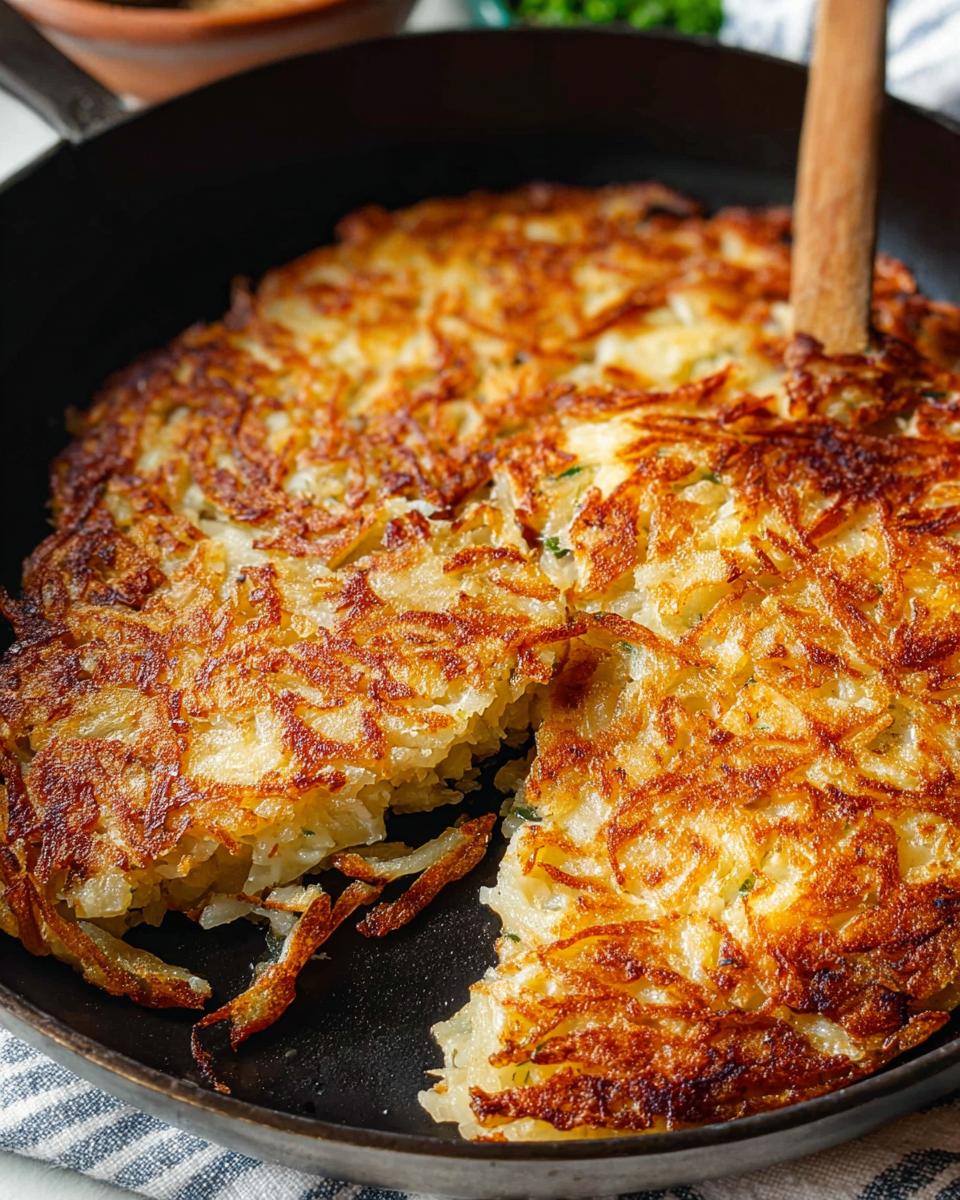 Golden brown, crispy skillet Hash Browns with a serving piece cut out, showing the shredded potato texture inside.